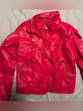 Forever 21 Bright Red Faux Leather Moto Jacket with Gold Hardware